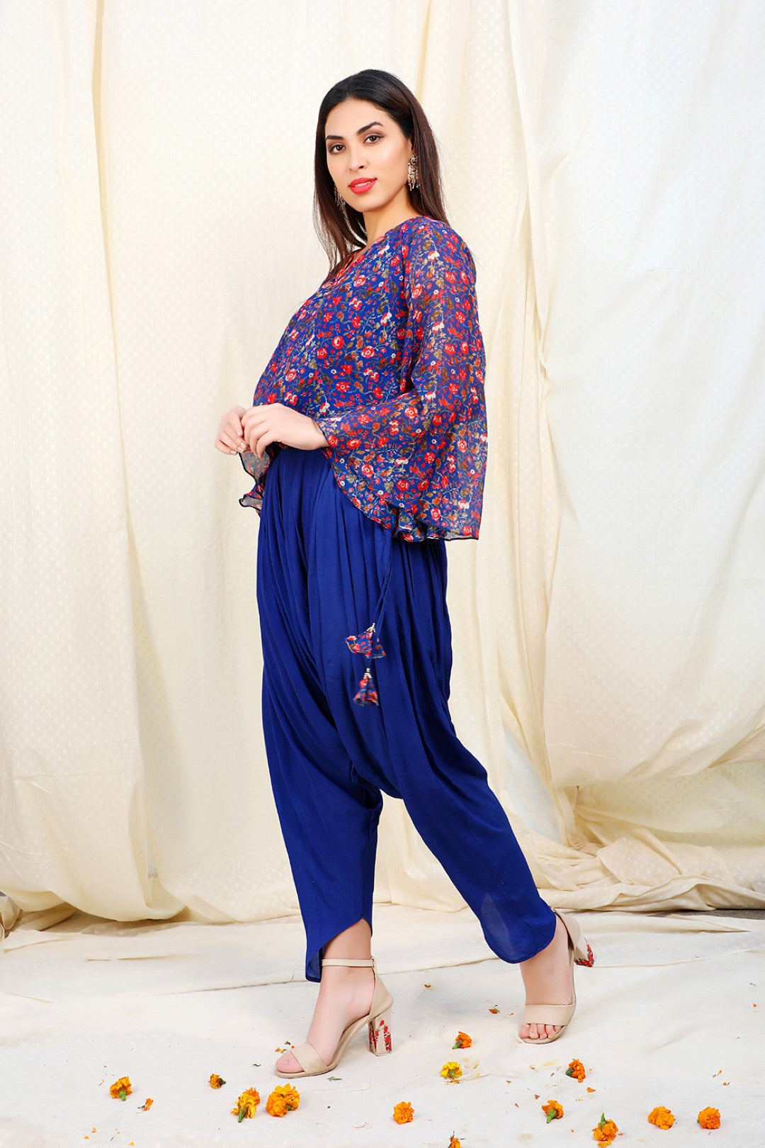 lapis blue chiffon top with crepe dhoti