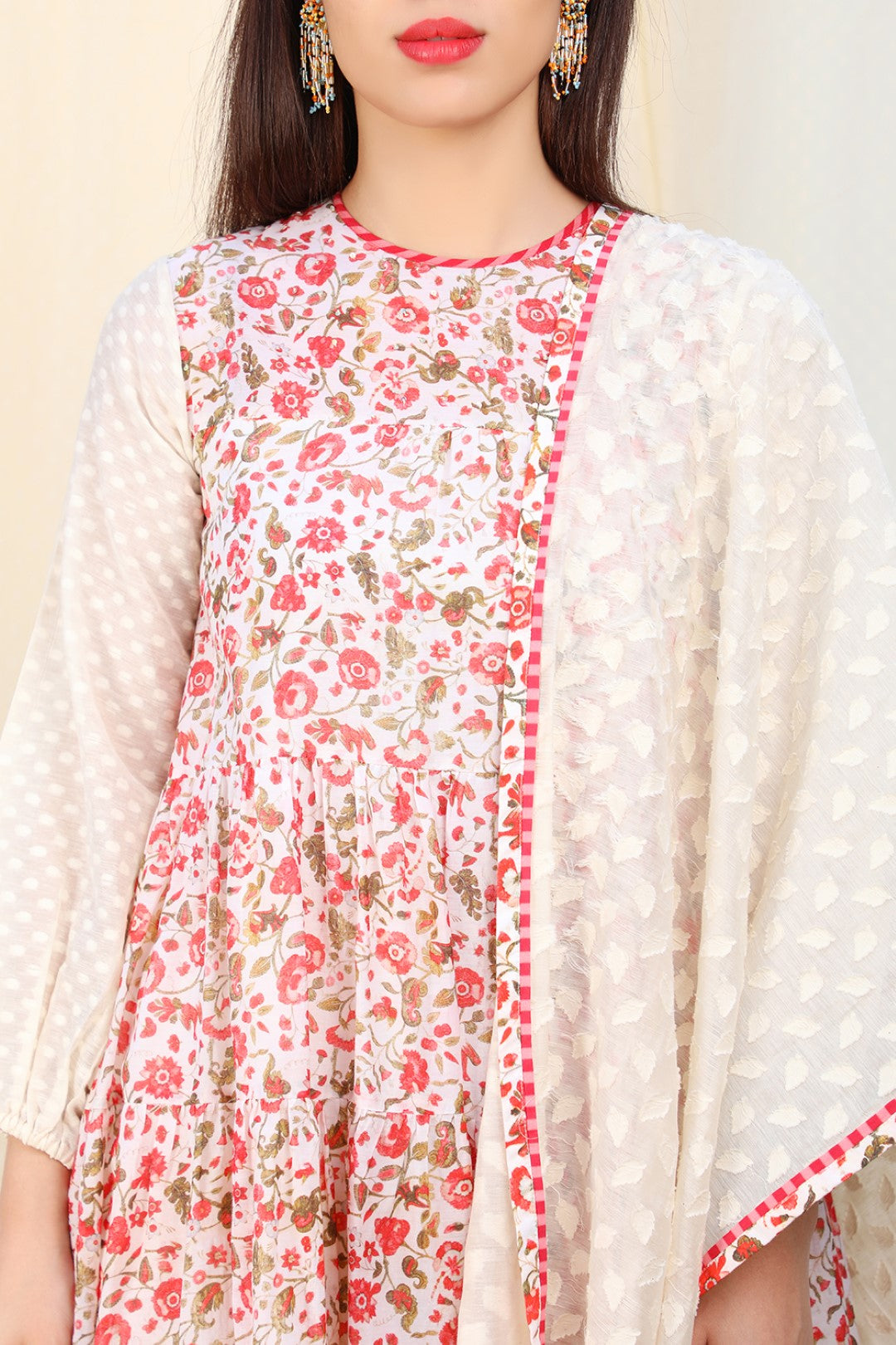 jamdani multi godet A-line kurta with churidar and dupatta.