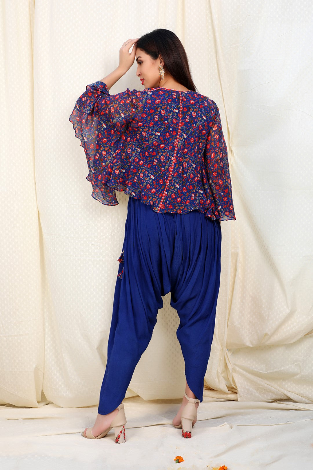 lapis blue chiffon top with crepe dhoti