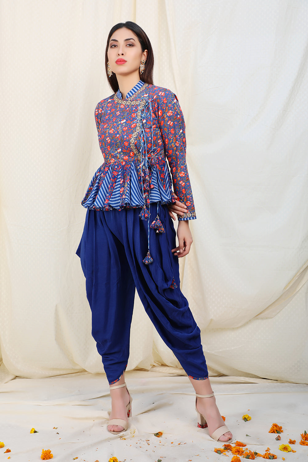 angrakha top with blue stripe godet with dhoti
