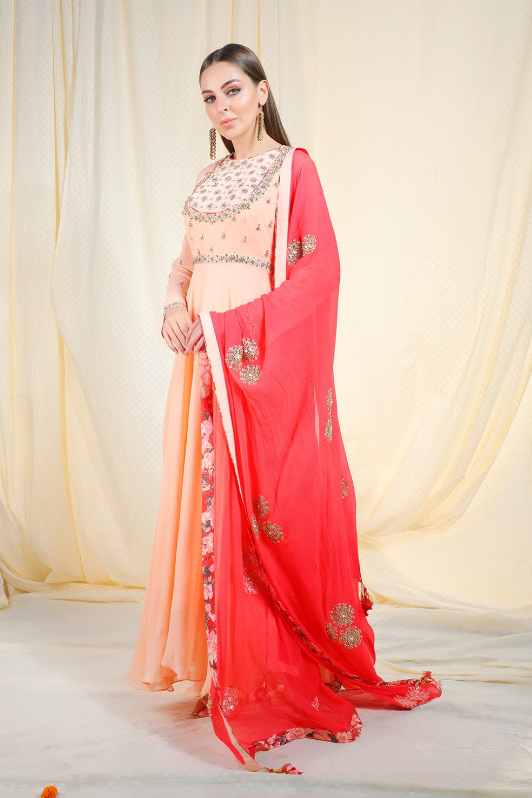 peach geogette crepe kalidar and georgette dupatta
