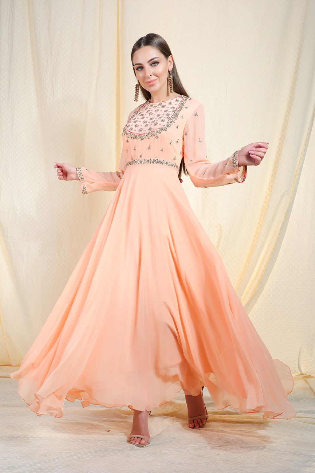 peach geogette crepe kalidar and georgette dupatta