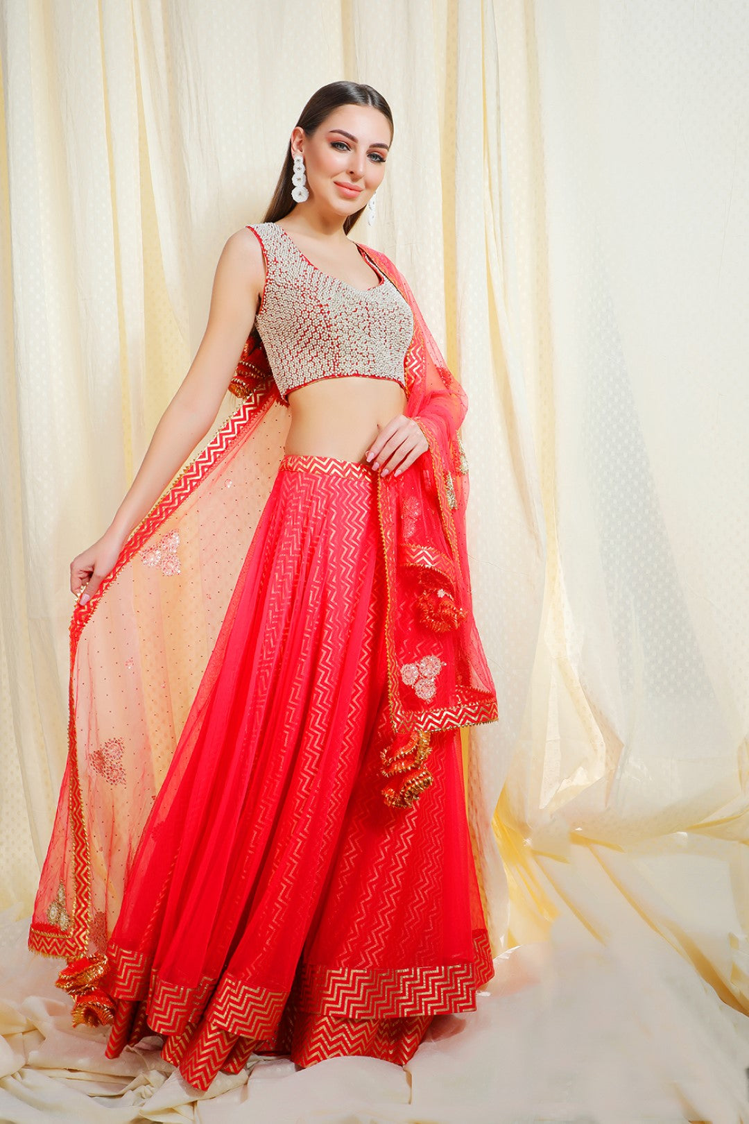 coral gajari lehnga set with zardosi pearl blouse