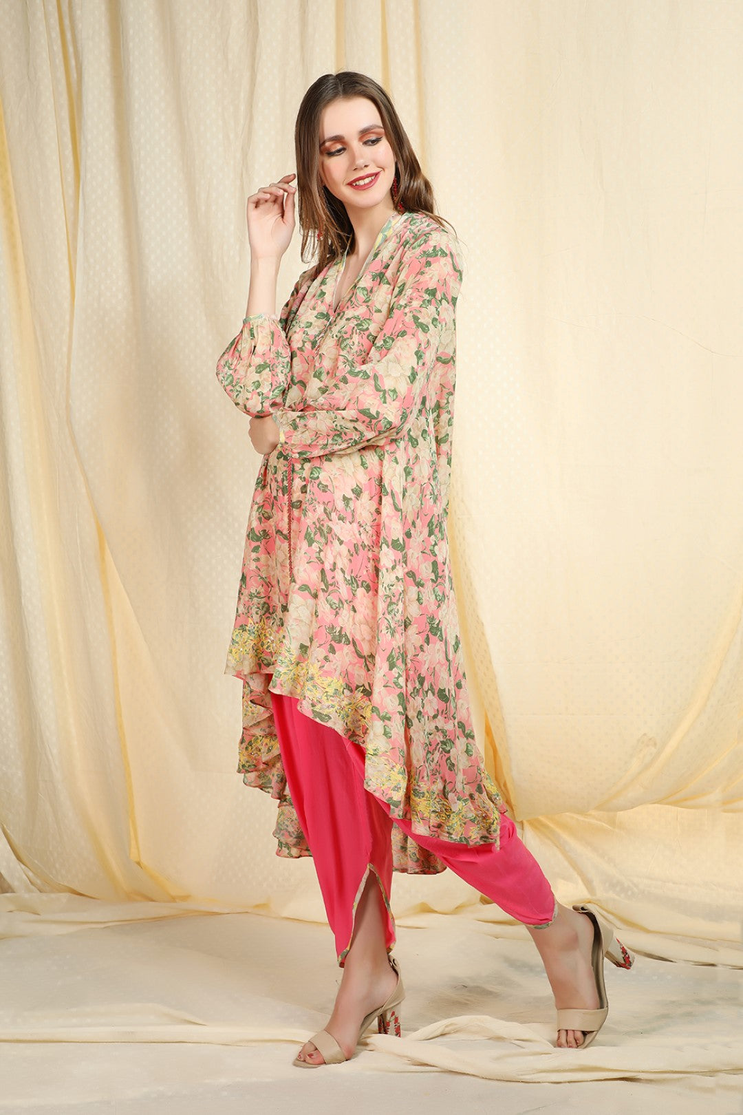 old rose asymetric tunic with dhoti
