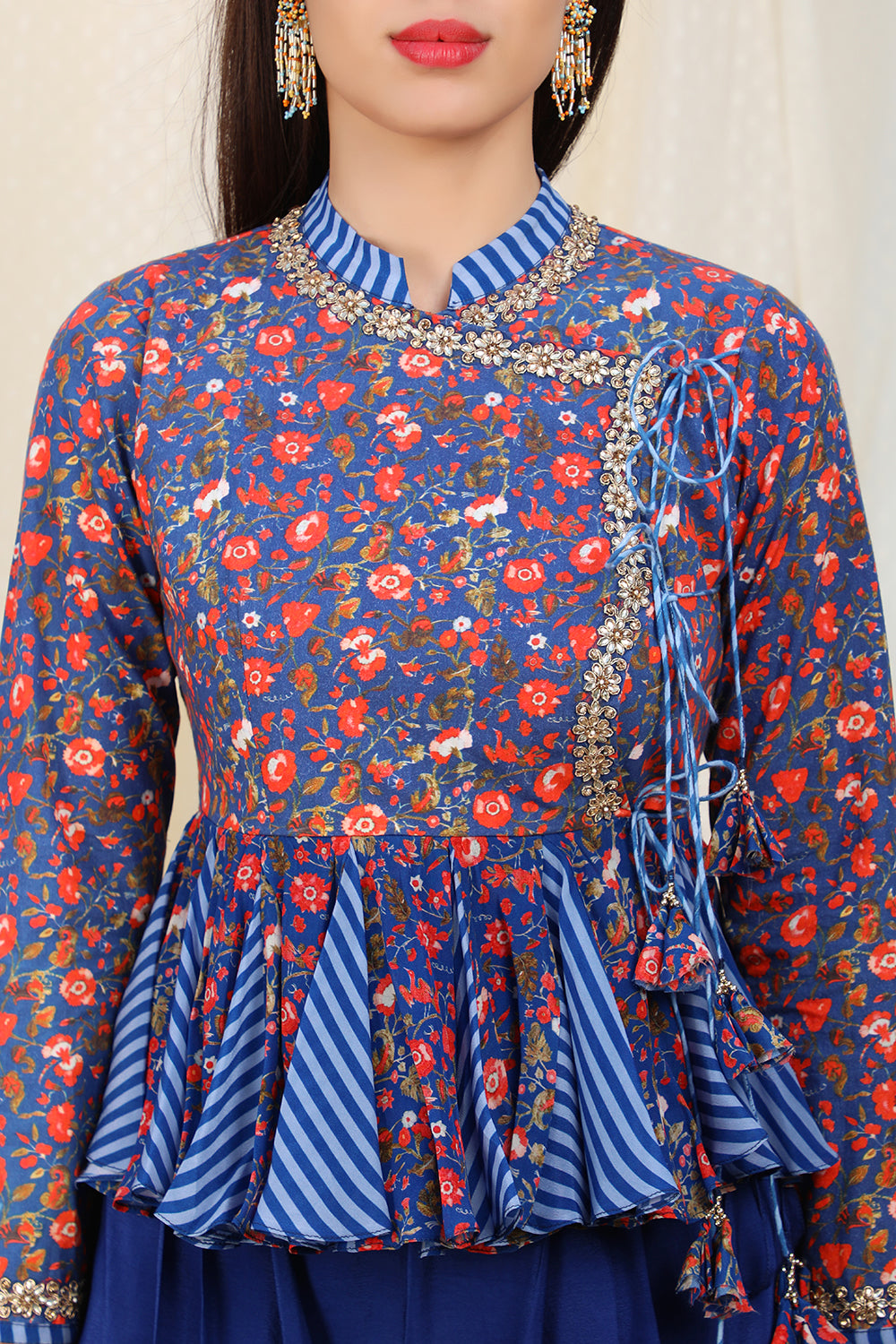 angrakha top with blue stripe godet with dhoti