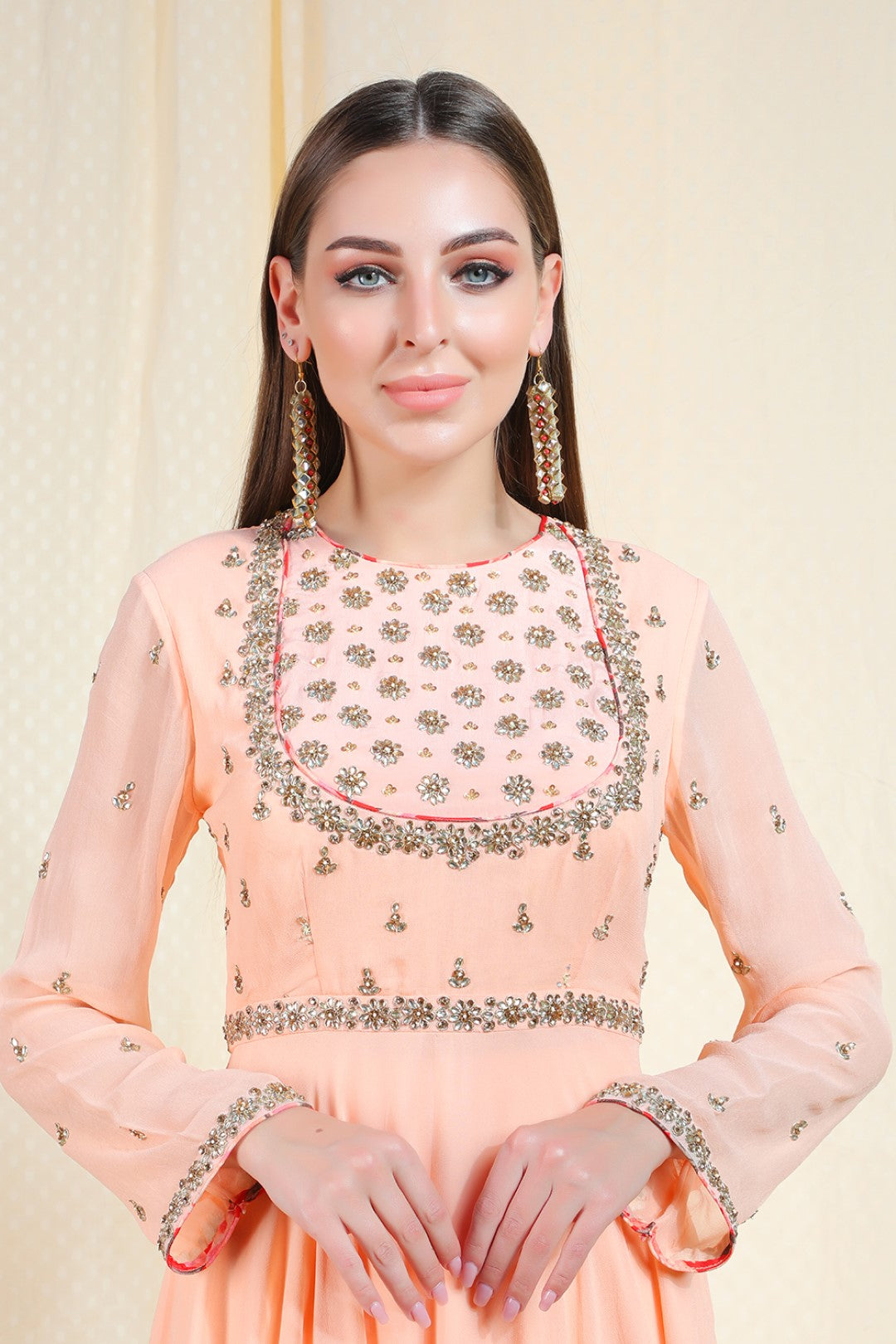 peach geogette crepe kalidar and georgette dupatta