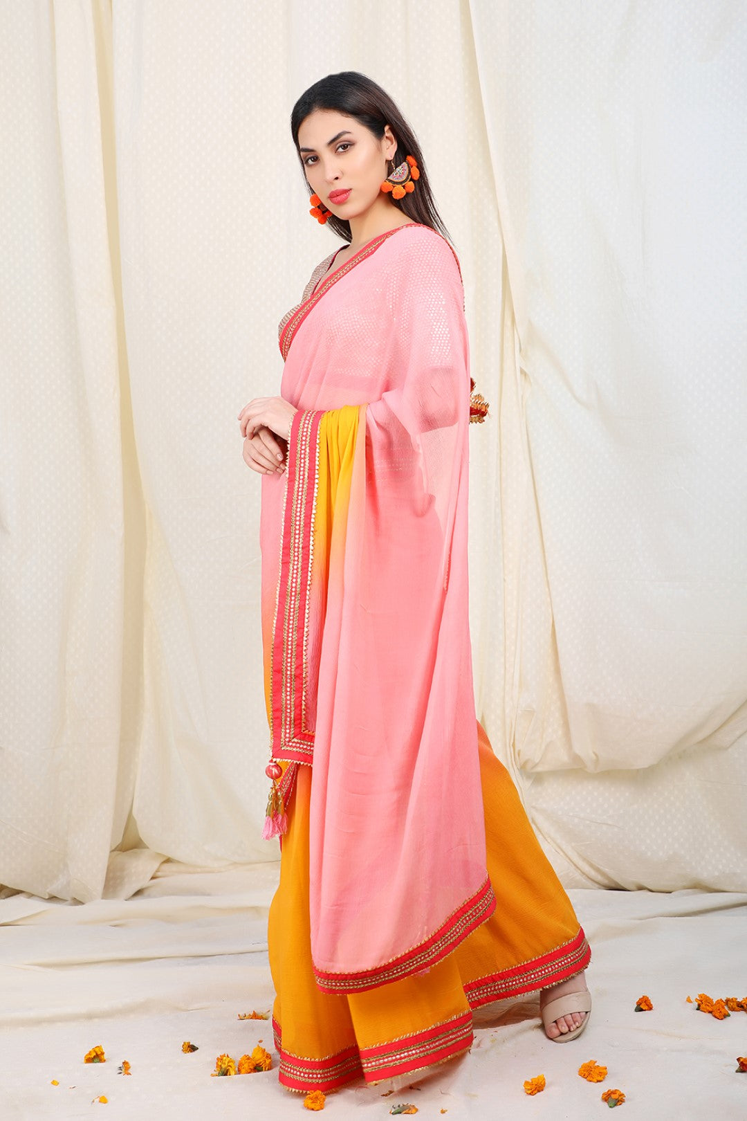 Ombre lotus pink to haldi chiffon saree with rose red  abla border