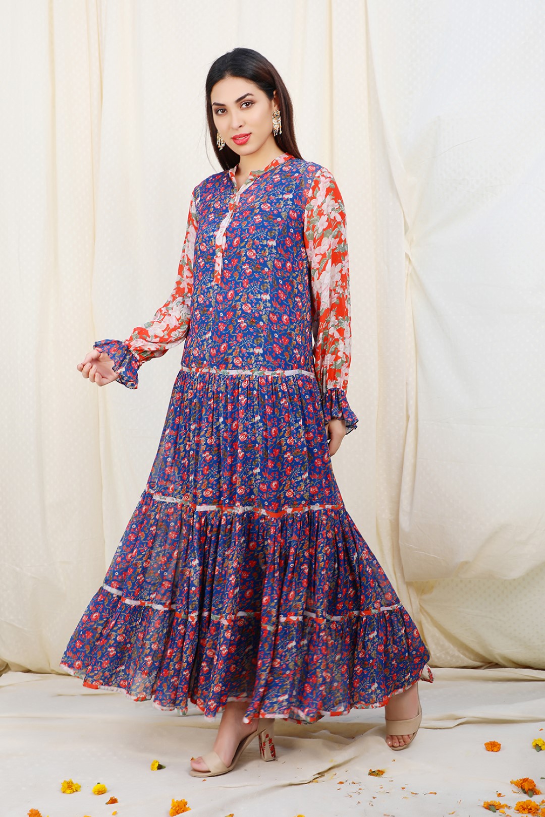 Lapis Blue printed georgette tiered  dress