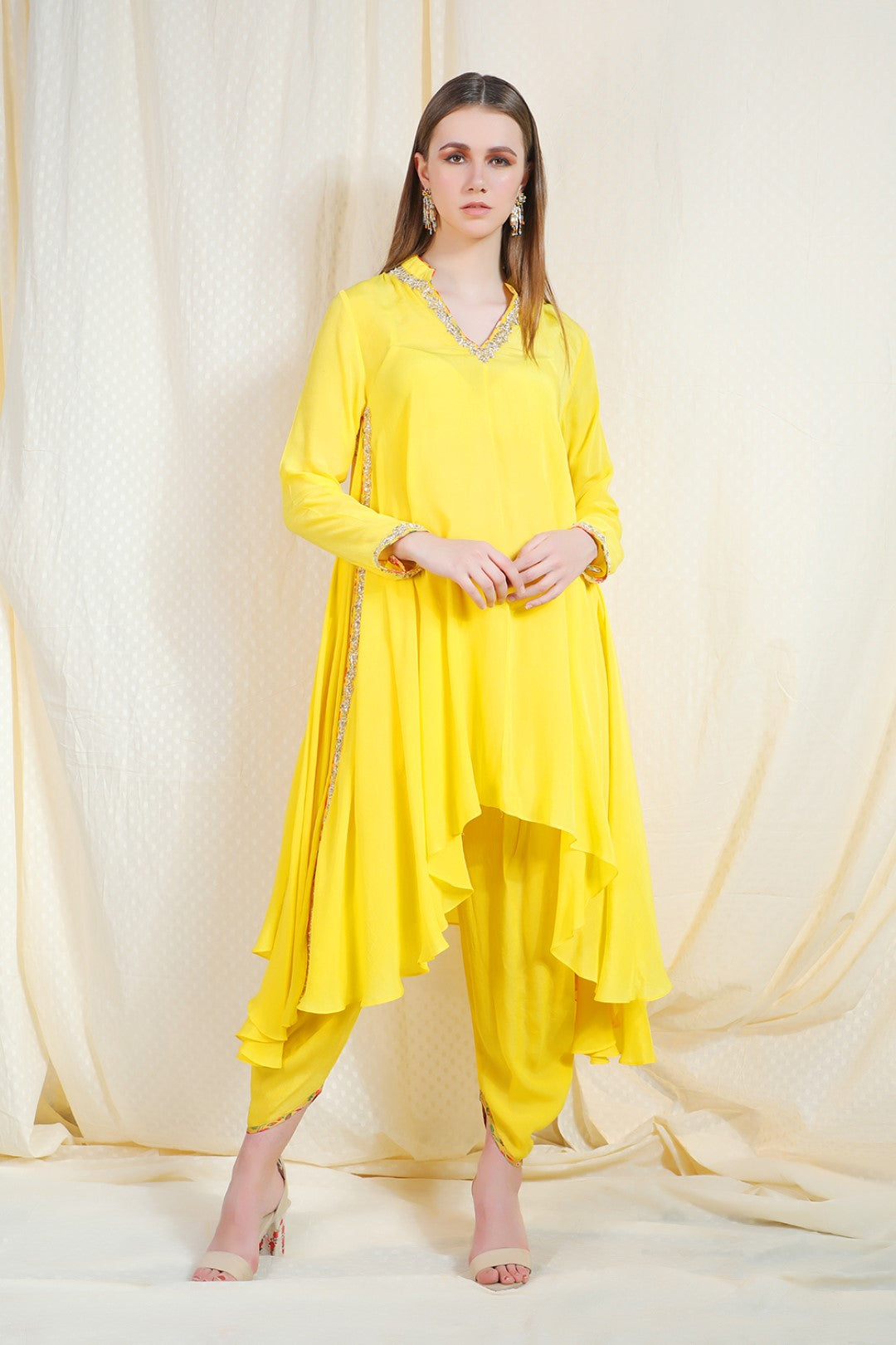 yellow crepe tunic with dhoti