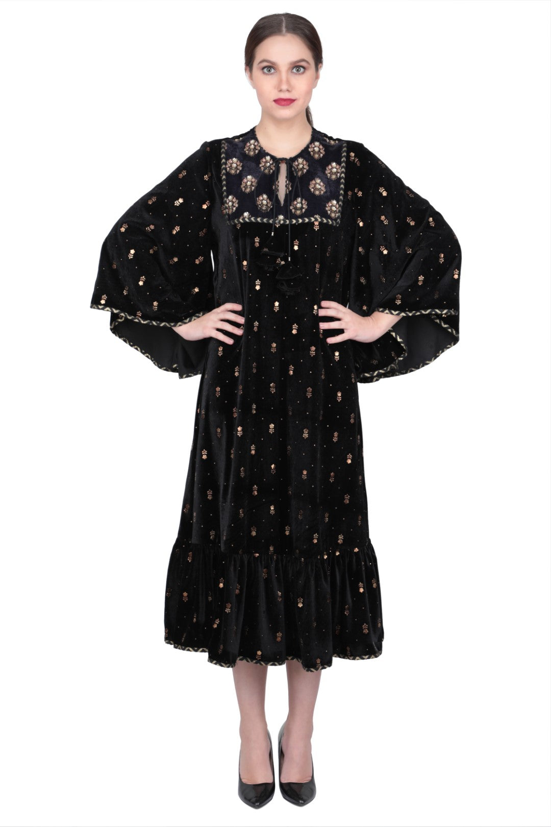 BLACK VELVET FOIL PRINTED DRESS