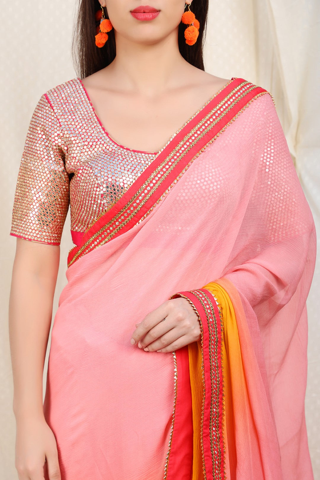 Ombre lotus pink to haldi chiffon saree with rose red abla border