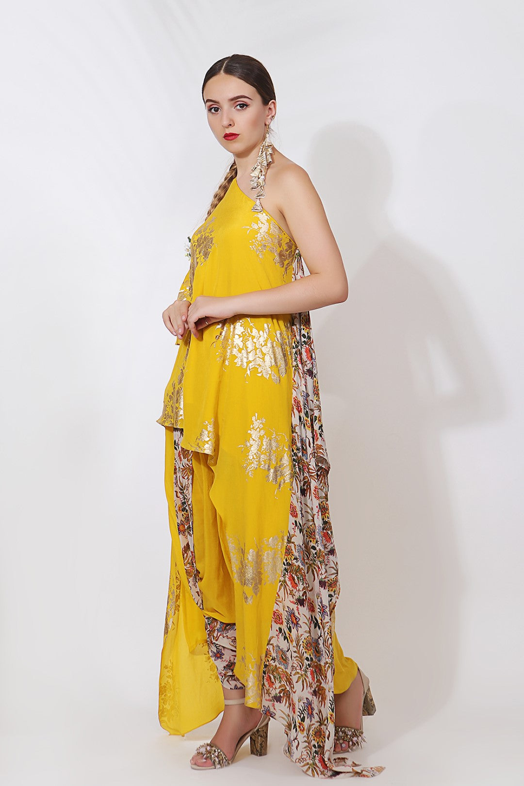 GOLD PRINTED OFF SHOULDER TOP WITH SIDE GODET  AND  COWL DHOTI