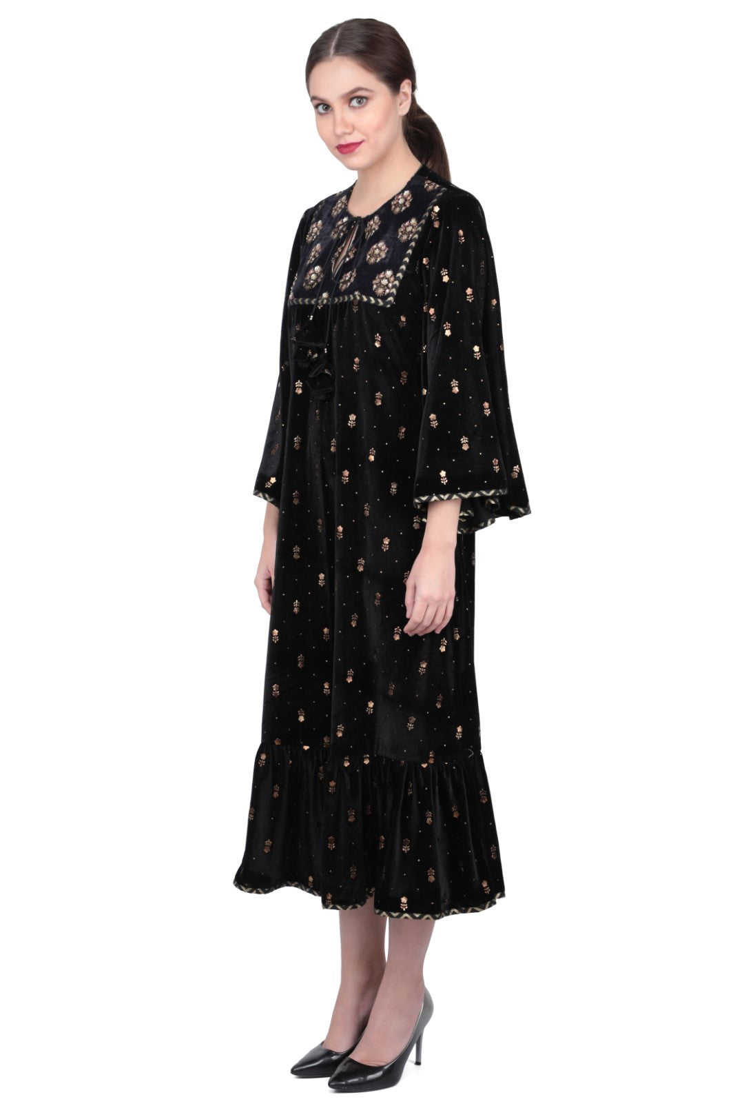 BLACK VELVET FOIL PRINTED DRESS