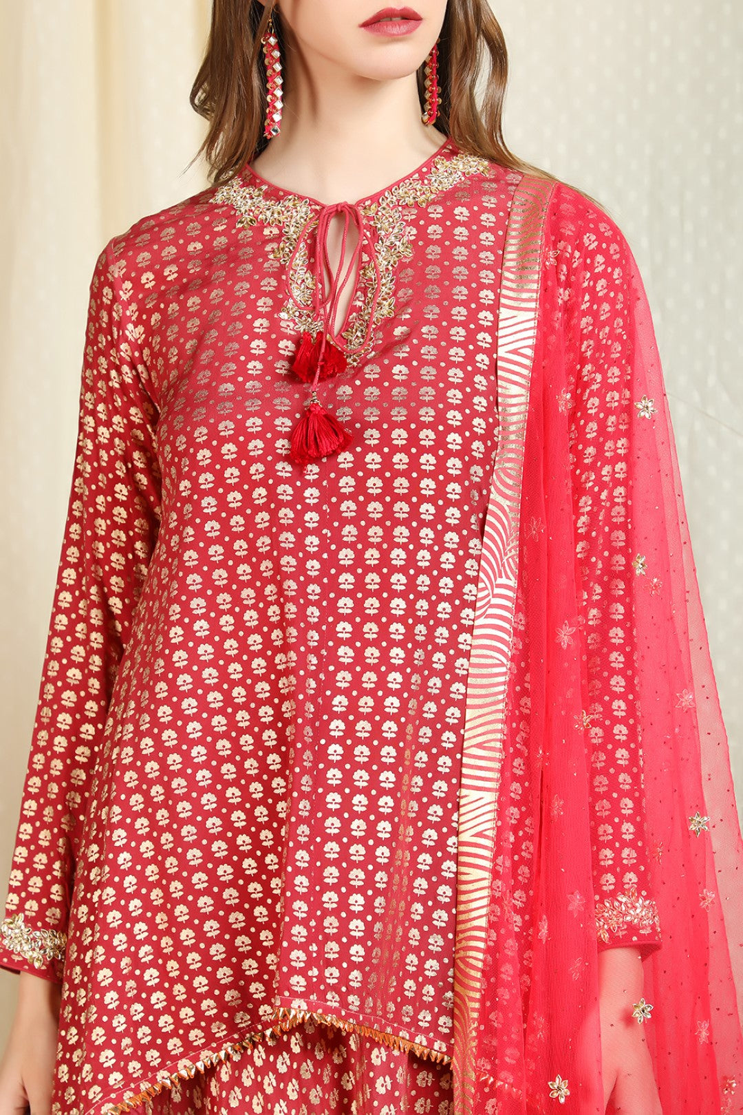 burgundy asymetric kurta with skirt and net duapatta