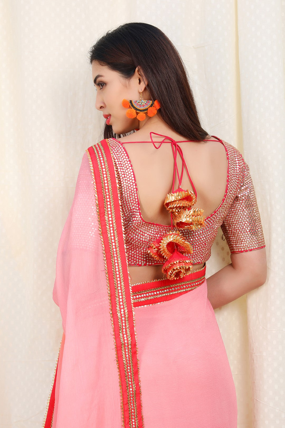 Ombre lotus pink to haldi chiffon saree with rose red abla border