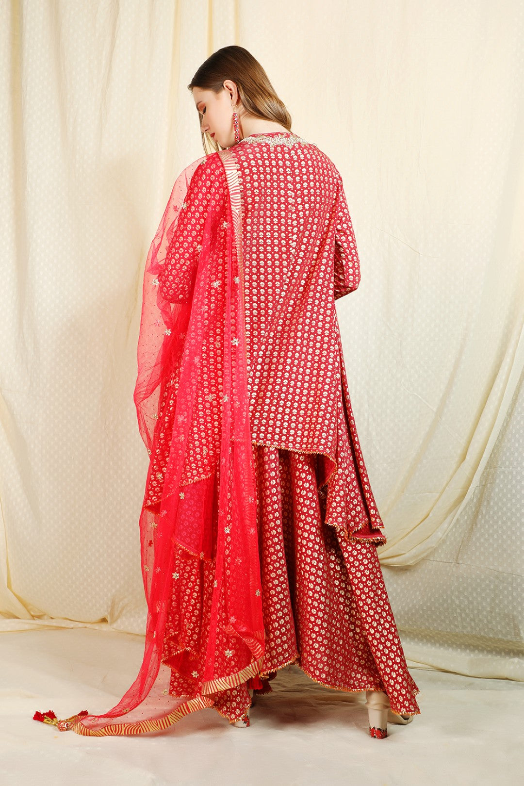 burgundy asymetric kurta with skirt and net duapatta