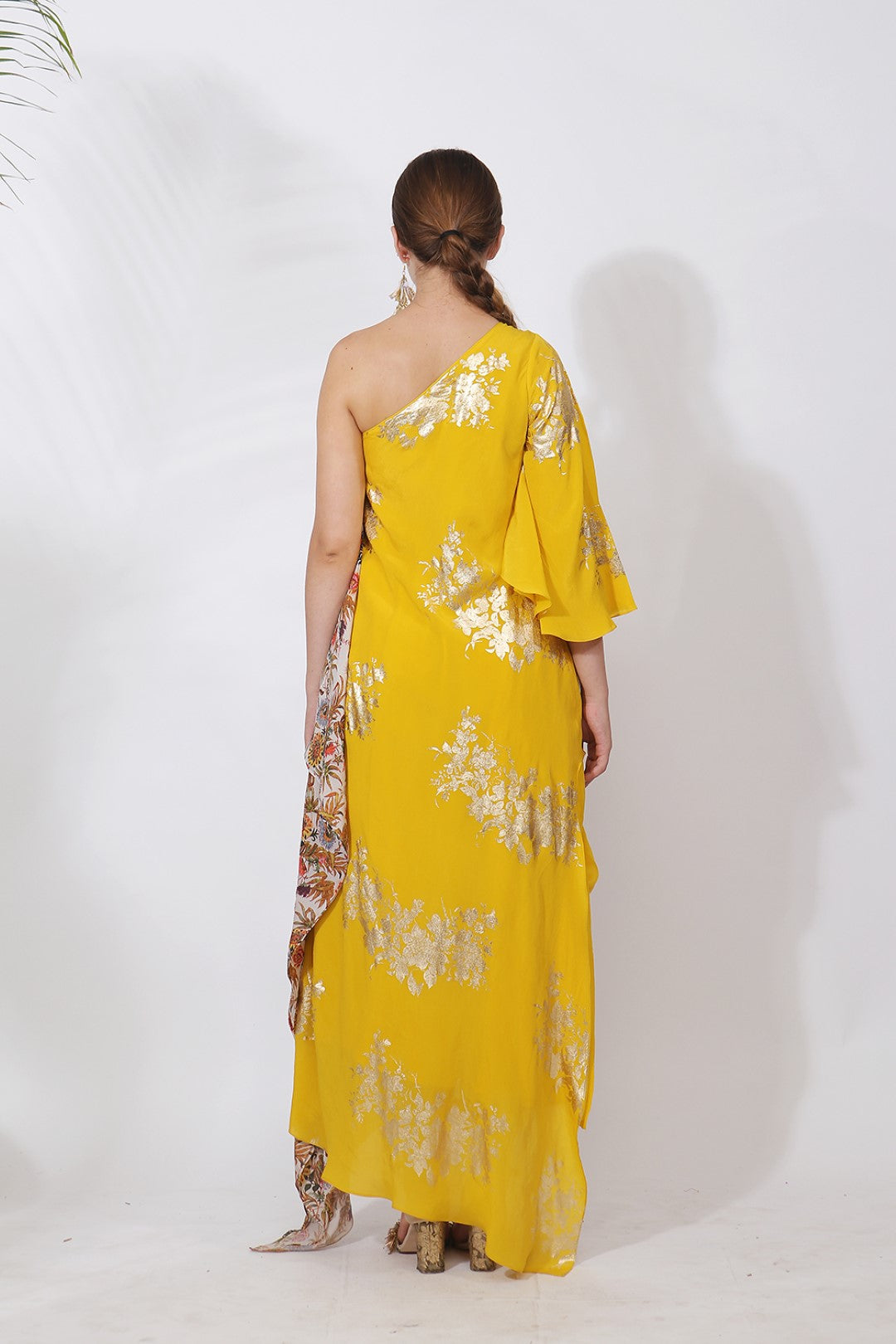 GOLD PRINTED OFF SHOULDER TOP WITH SIDE GODET AND COWL DHOTI