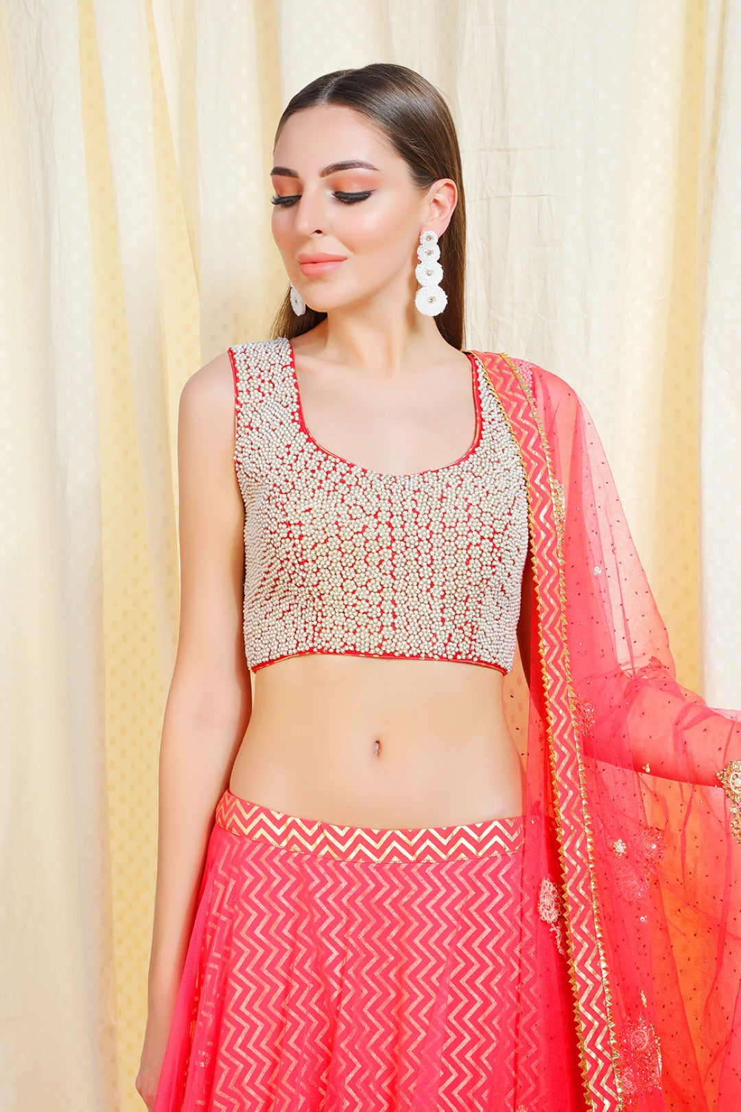 coral gajari lehnga set with zardosi pearl blouse