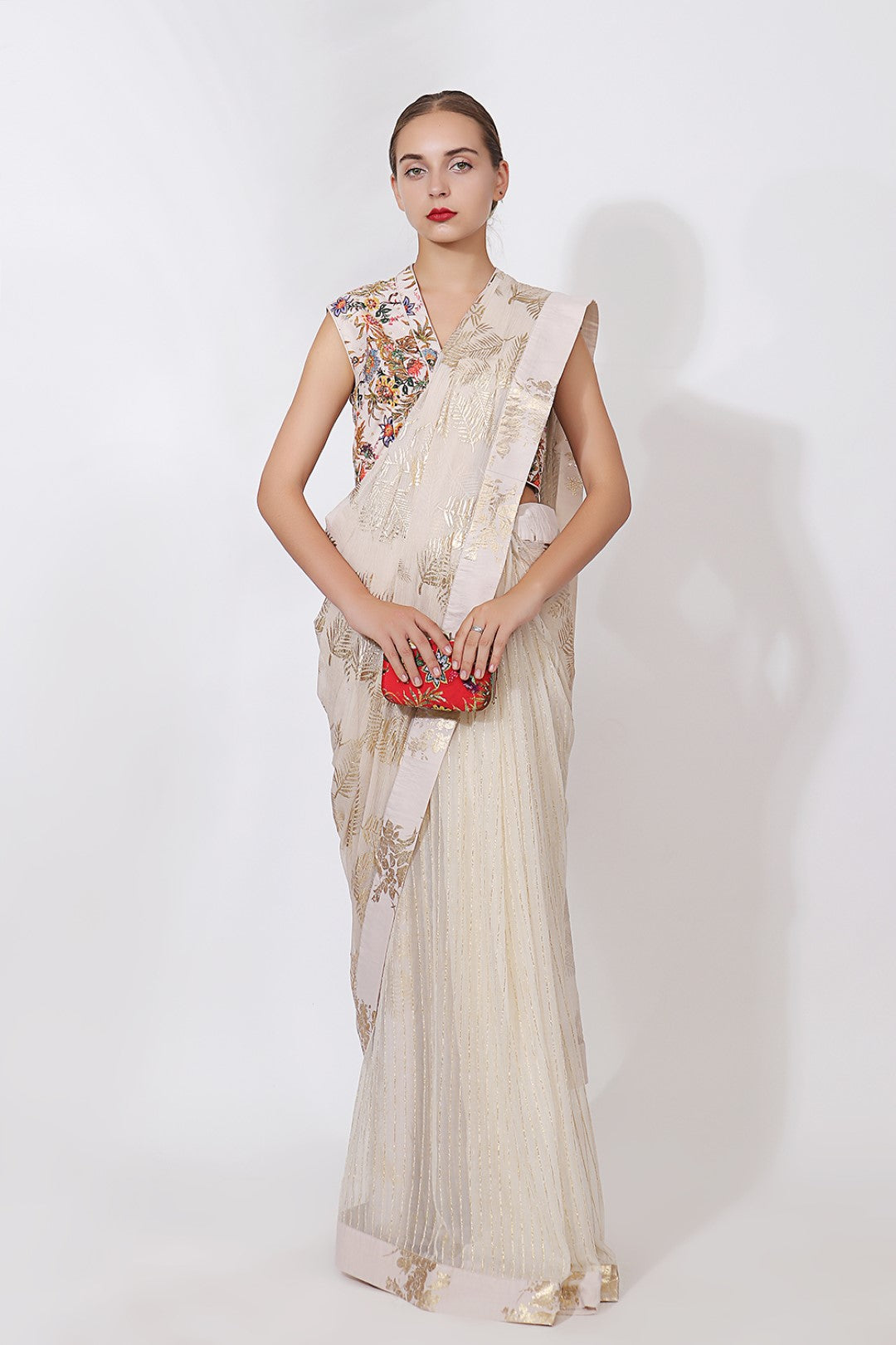 GOLD PRINTED SAREE WITH PAINTED BLOUSE