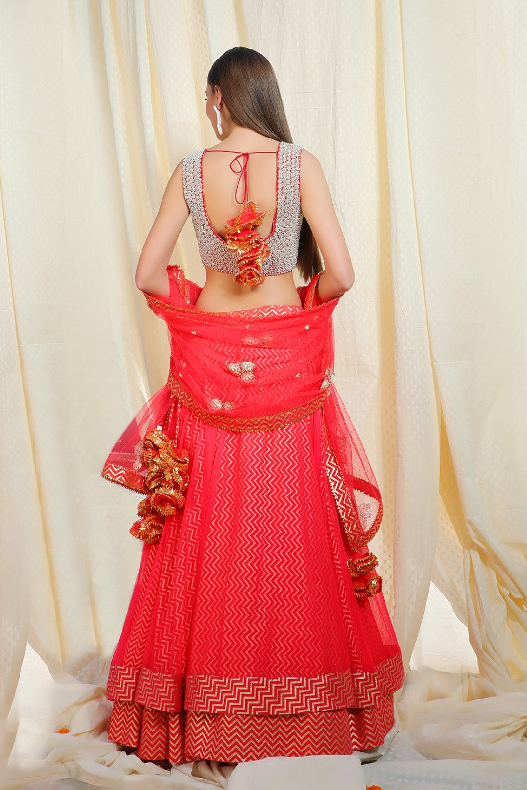coral gajari lehnga set with zardosi pearl blouse
