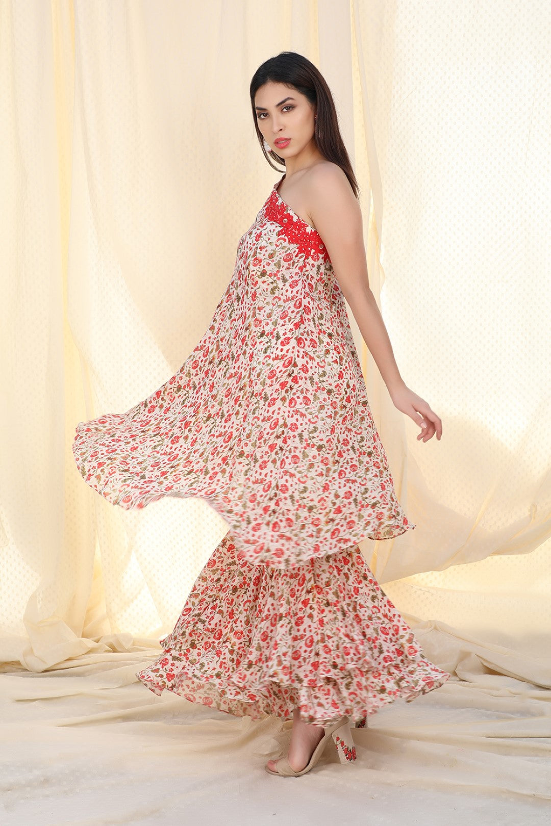 one shoulder tunic with double layered sharara