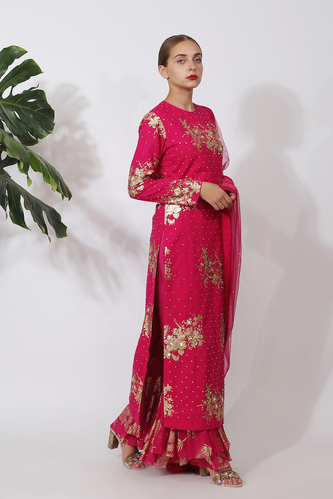 GOLD PRINTED KURTA WITH   DOUBLE LAYER SHARARA AND NET DUPATTA