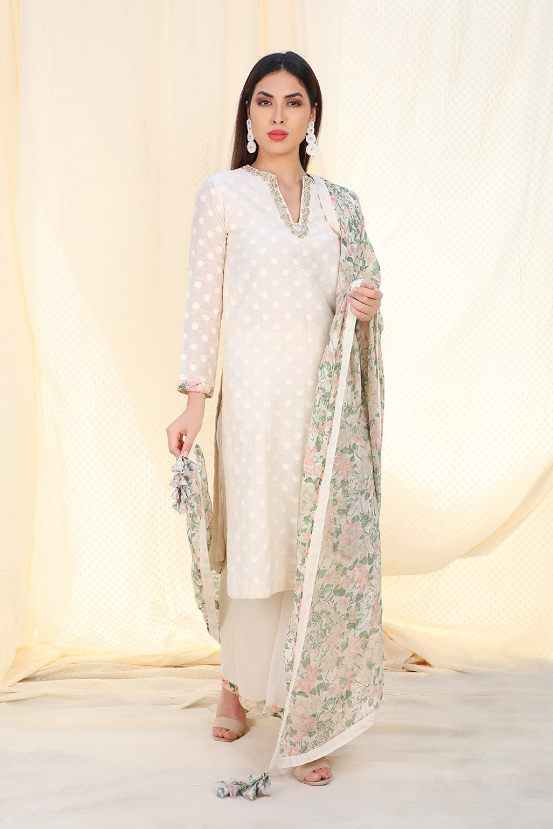 jamdani kurta with sharara and printed dupatta