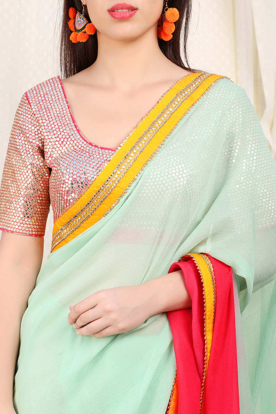 Ombre pista to rose red chiffon saree with haldi abla border