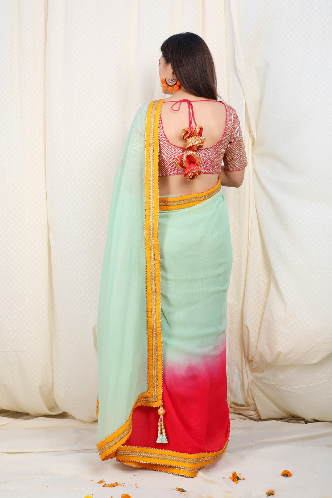Ombre pista to rose red chiffon saree with haldi abla border