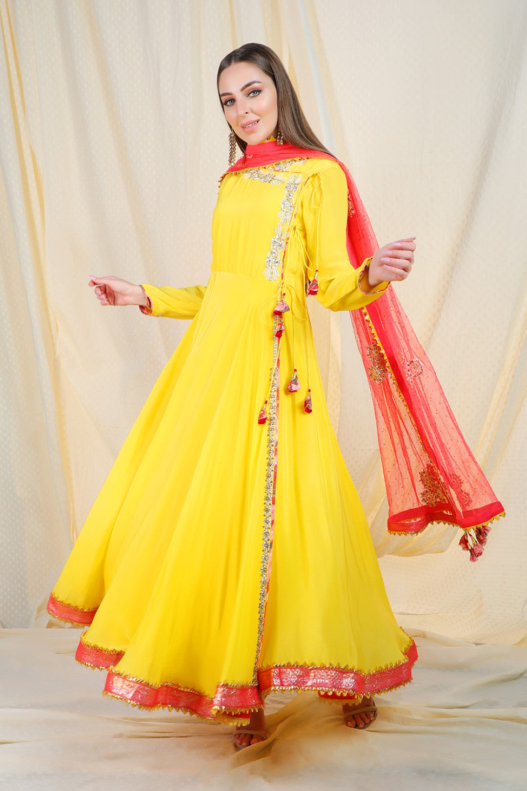 yellow crepe angrakha with coral net dupatta