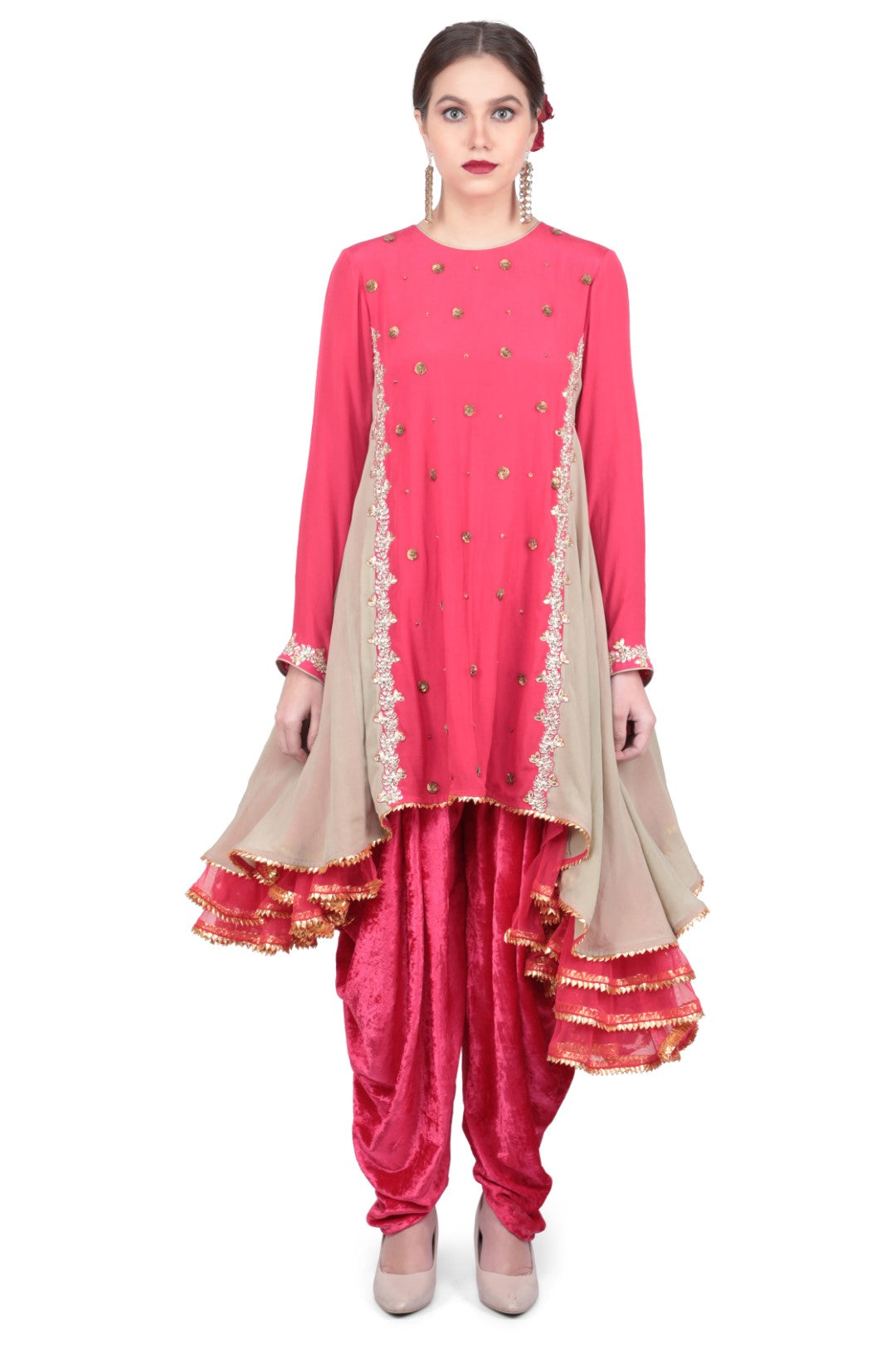 ASYMMETRIC TUNIC IN CREPE PAIRED WITH VELVET DHOTI