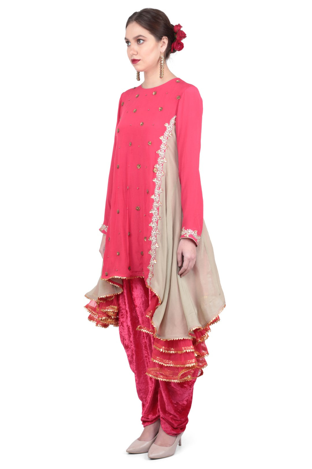 ASYMMETRIC TUNIC IN CREPE PAIRED WITH VELVET DHOTI