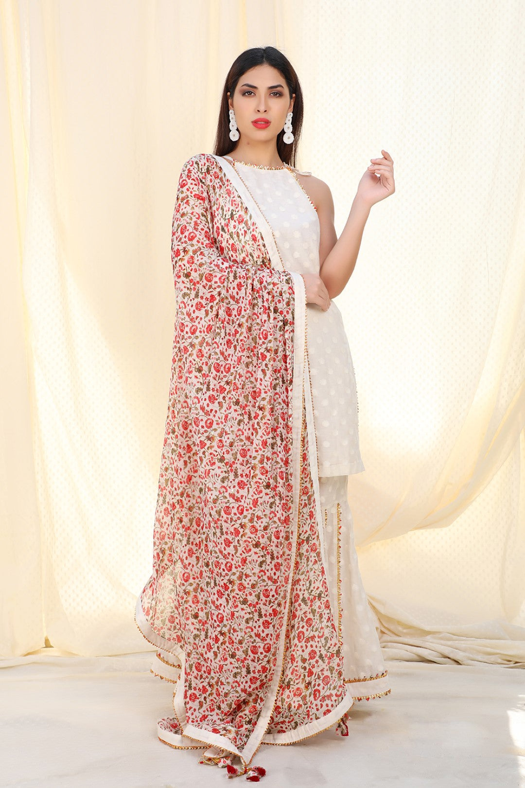 jamdani kurta with sharara and printed dupatta