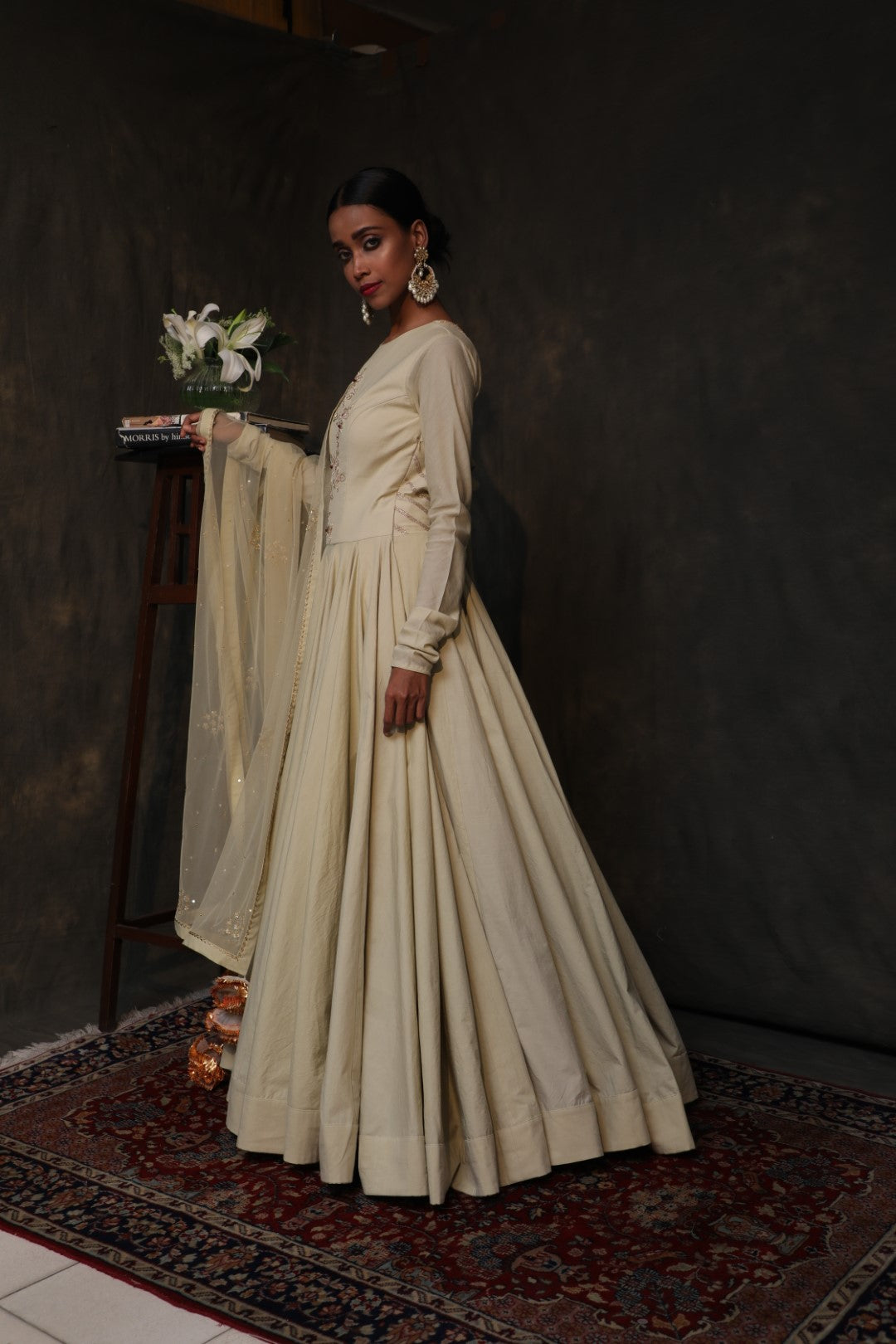 Antique jade cotton kalidar with churidar and antique jade dupatta