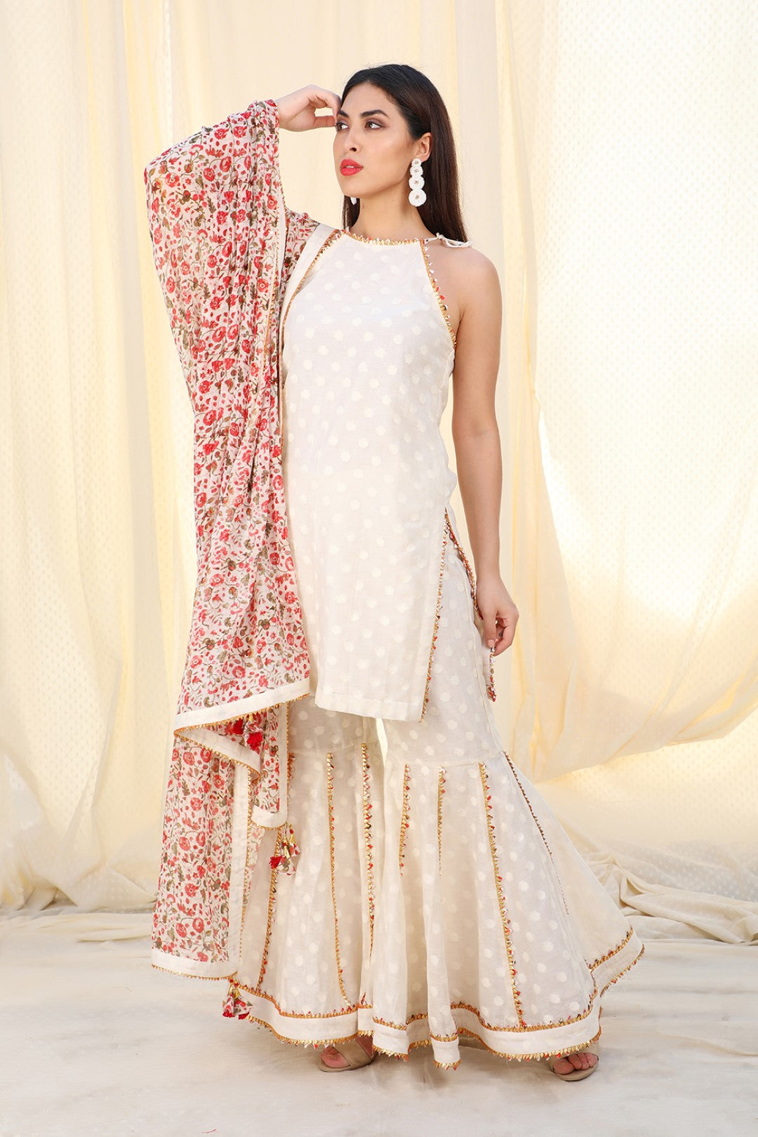 jamdani kurta with sharara and printed dupatta