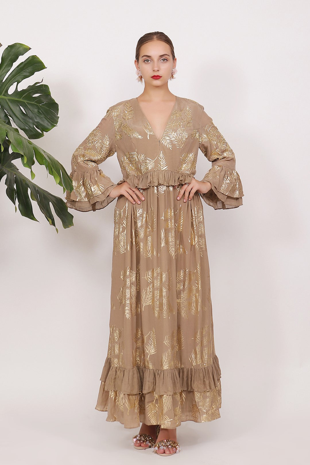 GOLD PRINTED FRILLS AND RUFFLED DRESS WITH SOME HIGHLIGHTING