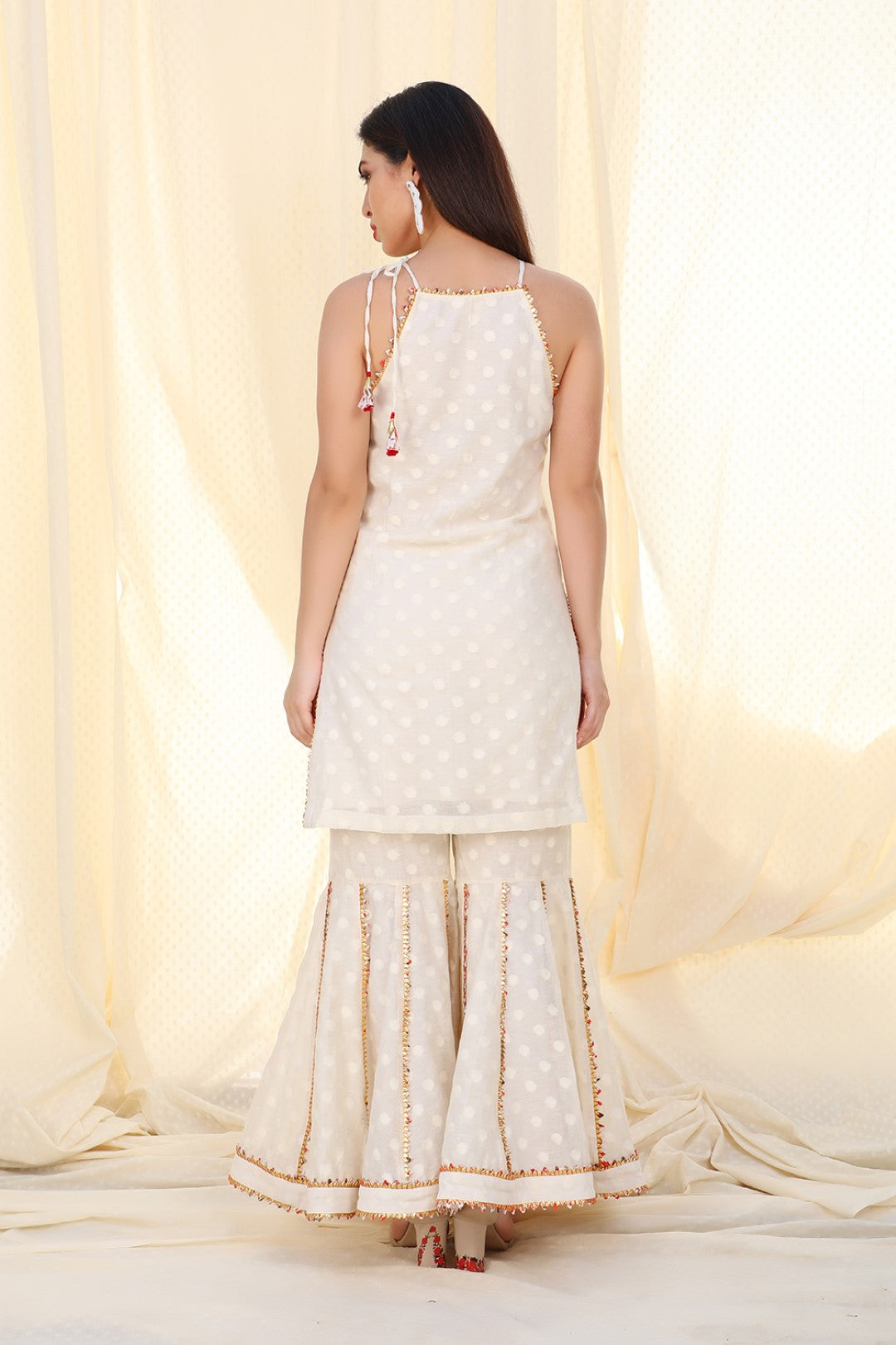 jamdani kurta with sharara and printed dupatta
