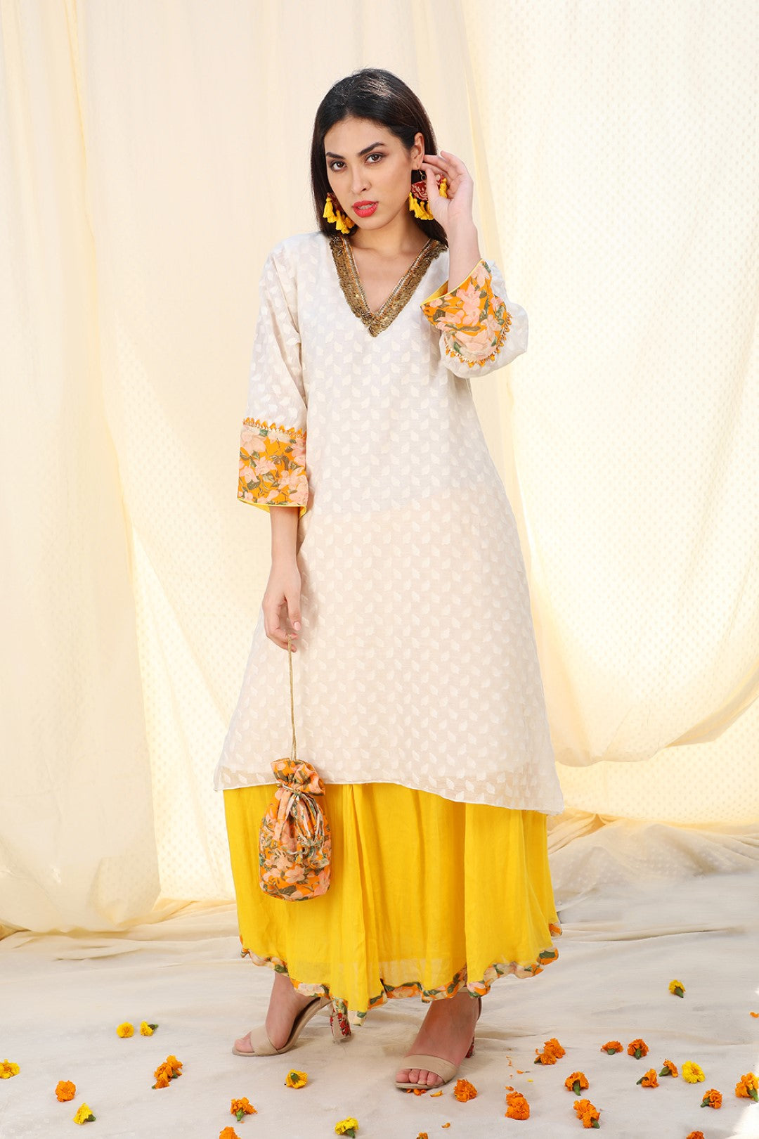 jamdani kurta with gauze skirt