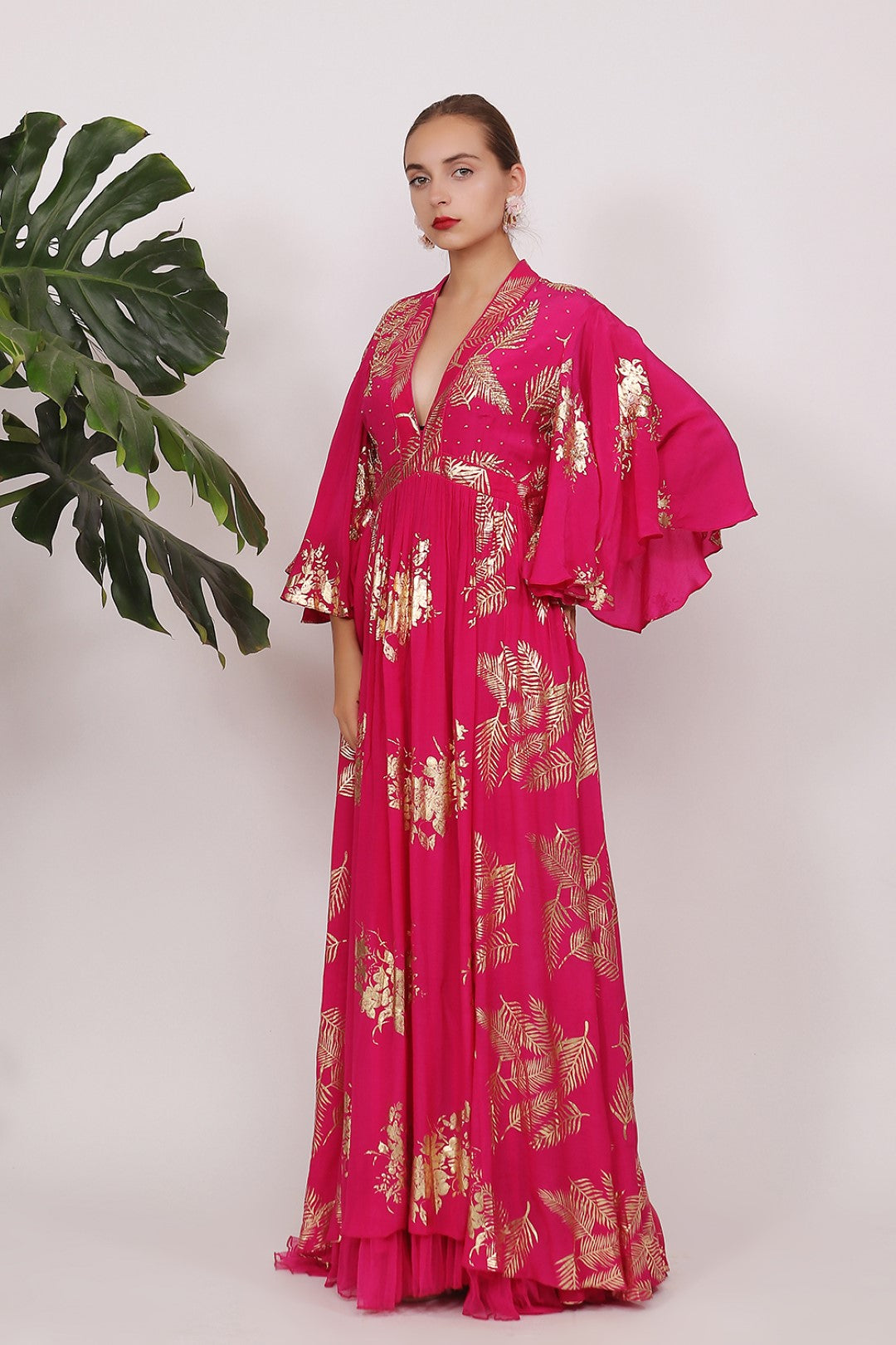 GOLD PRINTED RAISED NECKLINE DRESS WITH HIGHLIGHTED YOKE