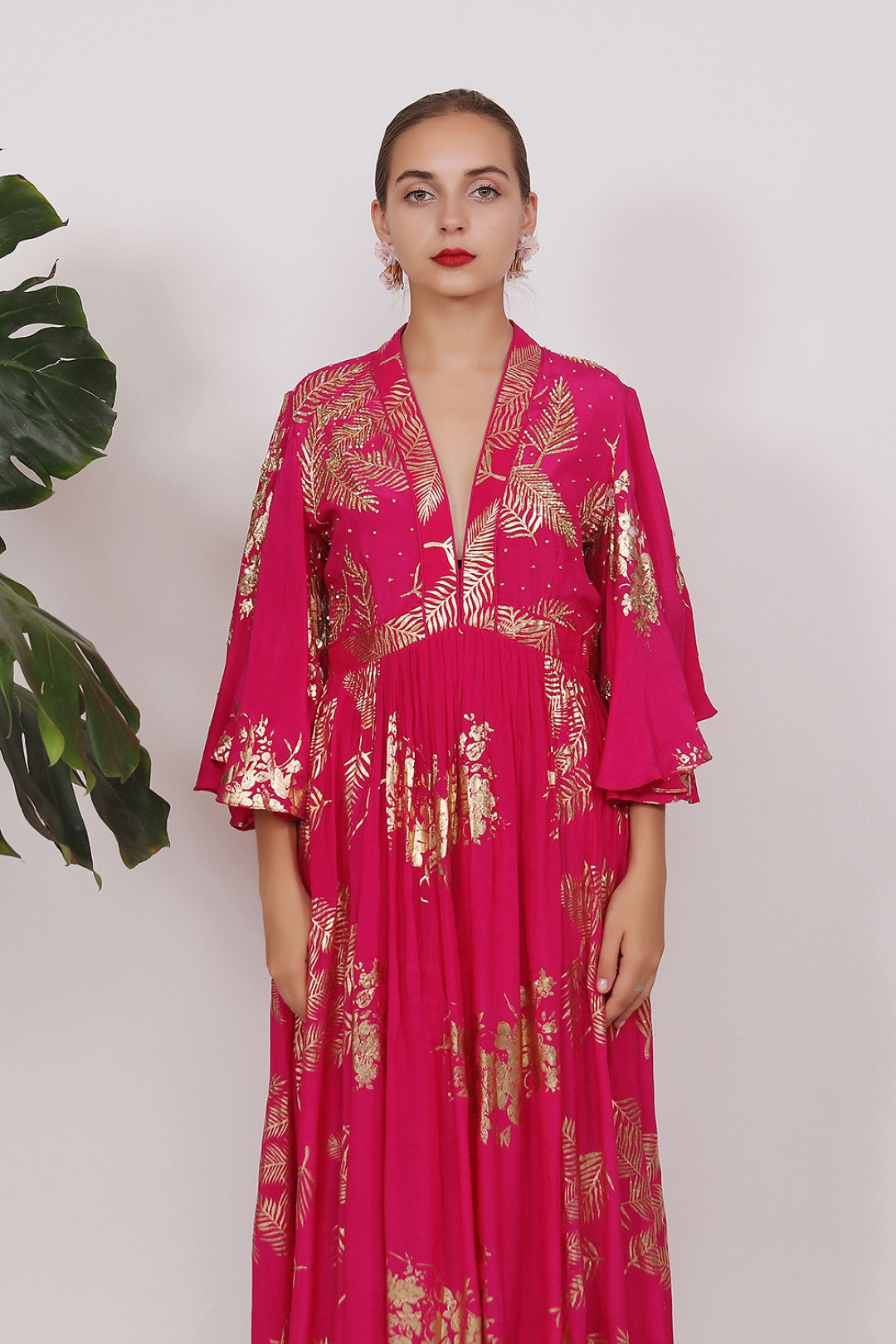 GOLD PRINTED RAISED NECKLINE DRESS WITH HIGHLIGHTED YOKE
