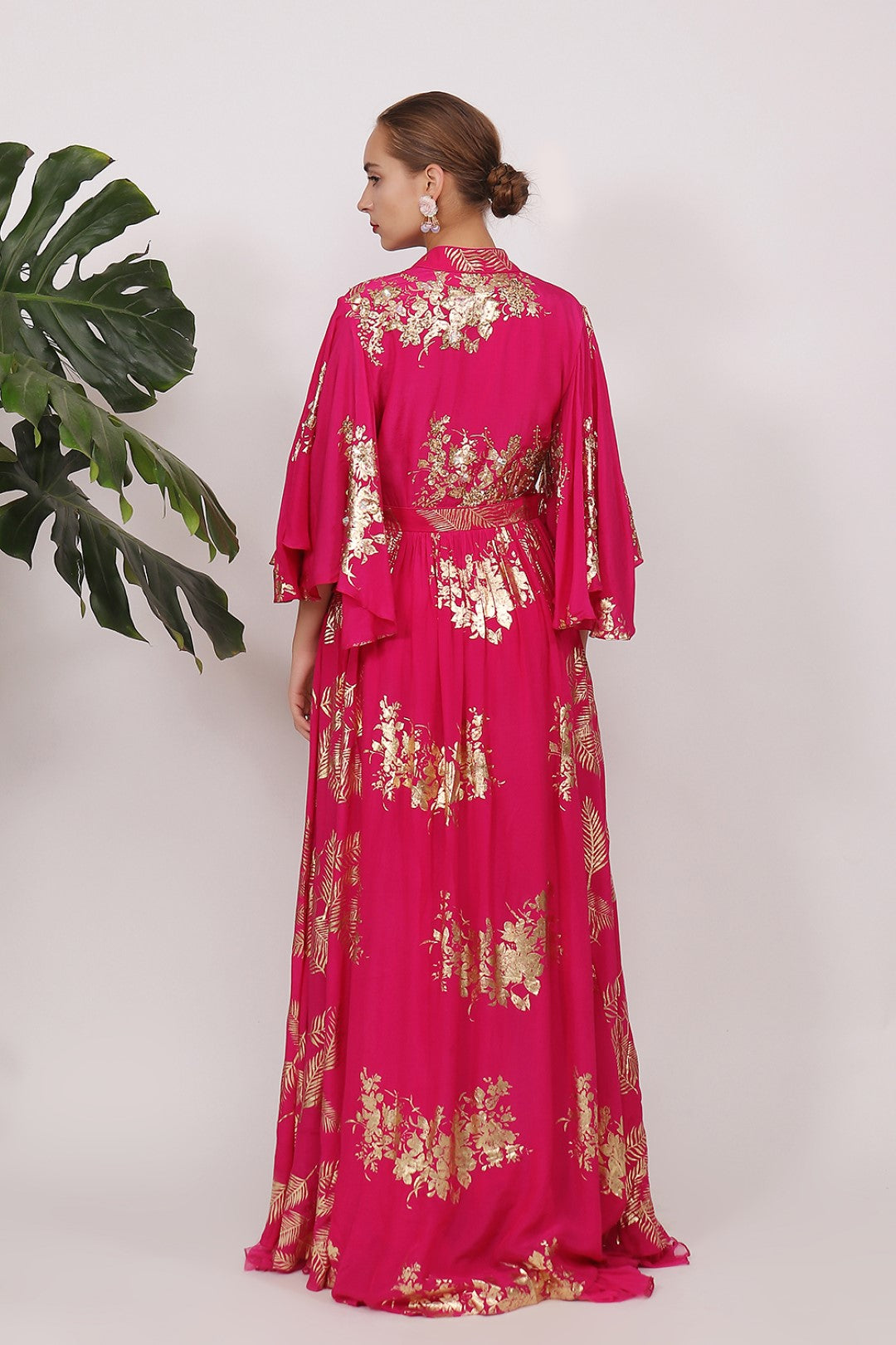 GOLD PRINTED RAISED NECKLINE DRESS WITH HIGHLIGHTED YOKE