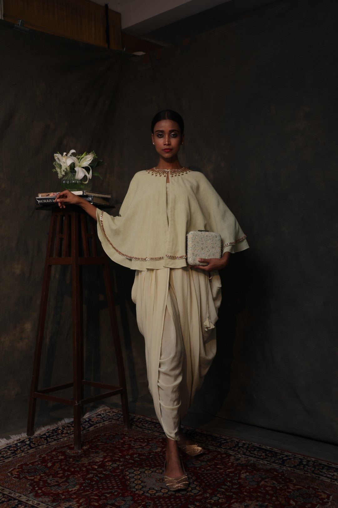 Antique jade khadi cape with a khadi cami top and dhoti pants