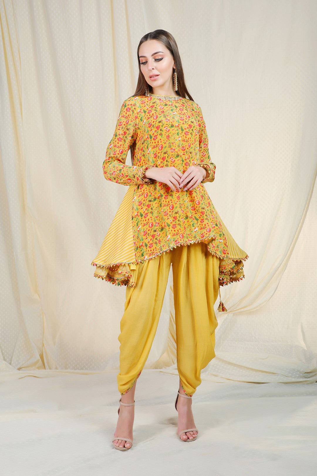 yellow side godette tunic with dhoti