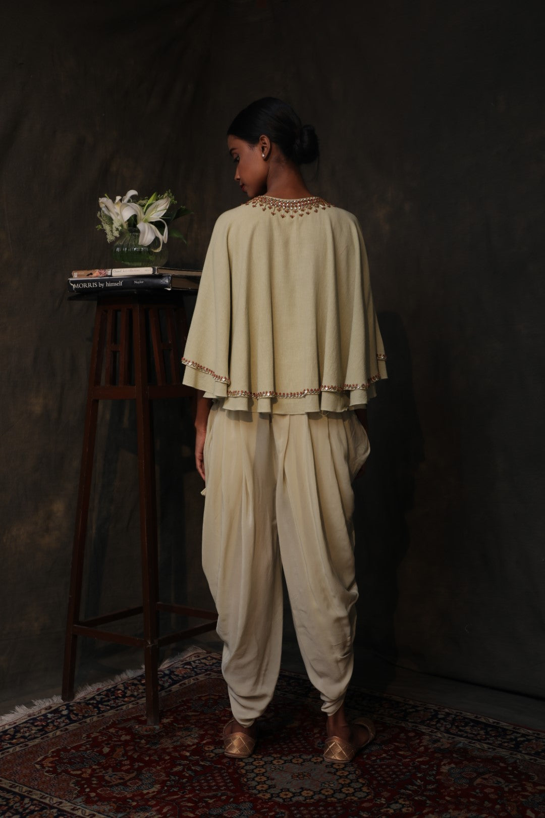 Antique jade khadi cape with a khadi cami top and dhoti pants