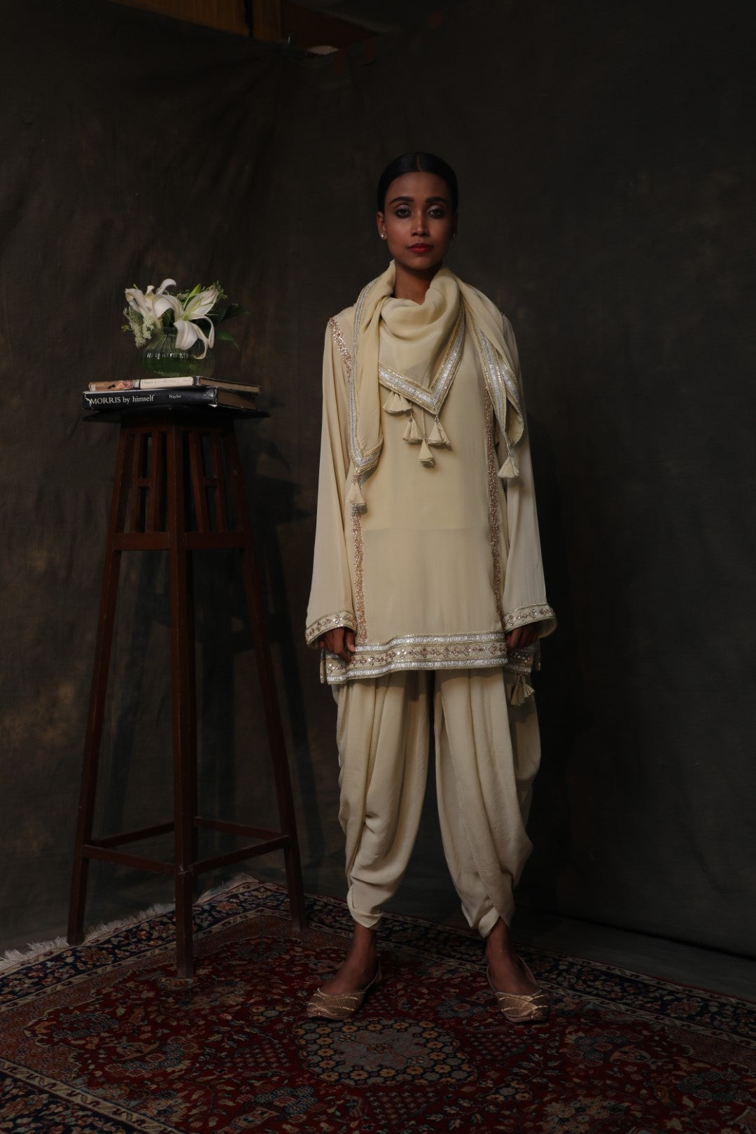 Antique jade crepe kurta with a dhoti and  scarf