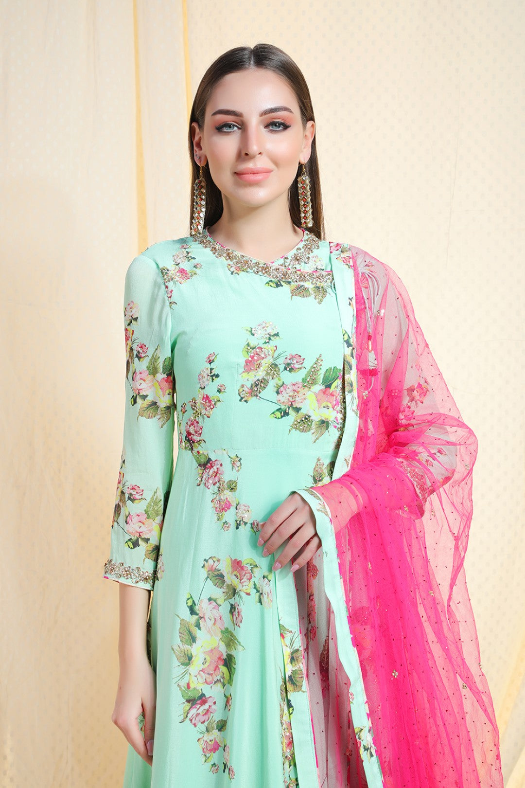 pista  crepe side tie angrakha with chudidar and net dupatta