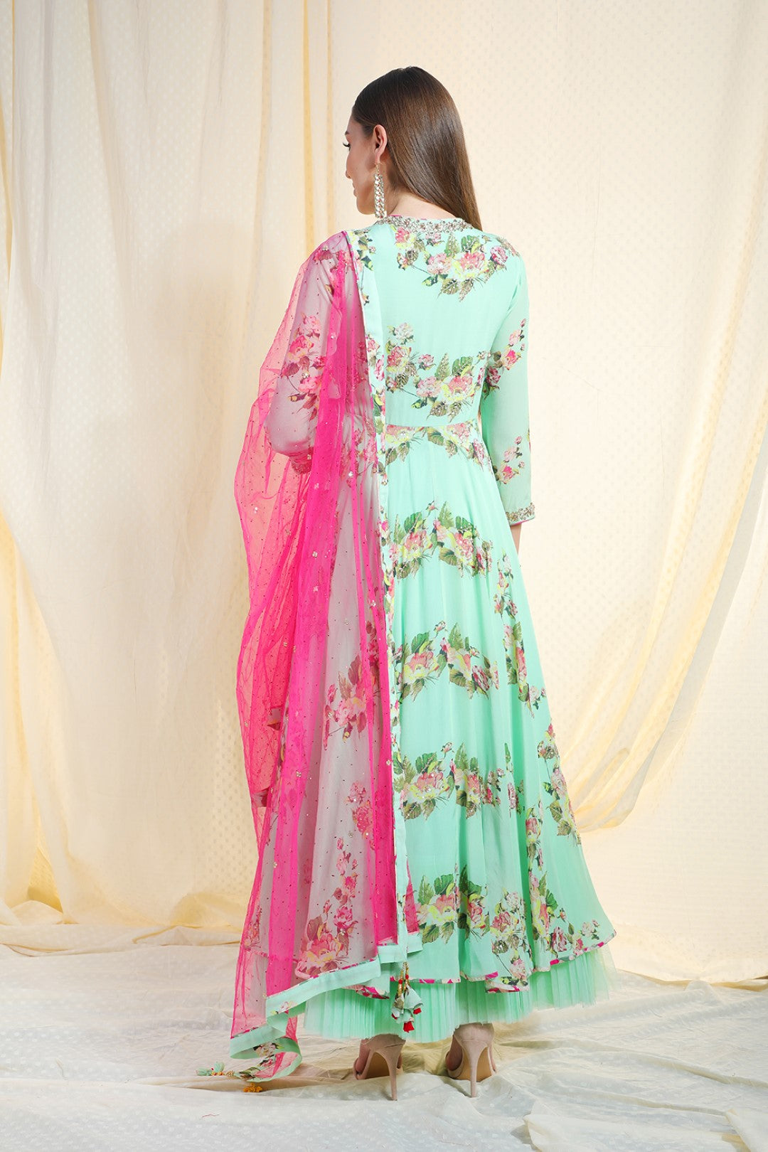 pista  crepe side tie angrakha with chudidar and net dupatta