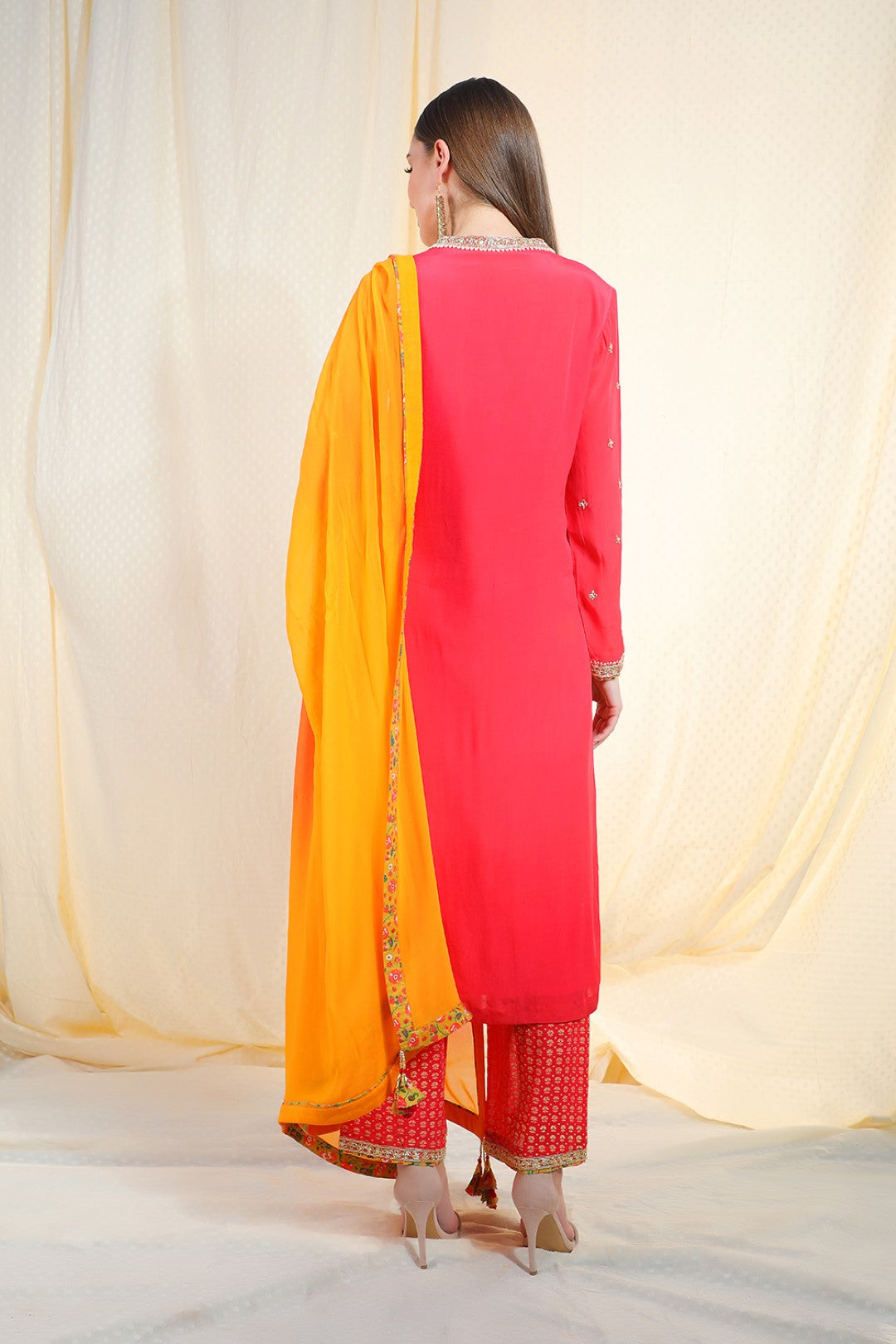 coral crepe kurta with chudidar and chiffon dupatta