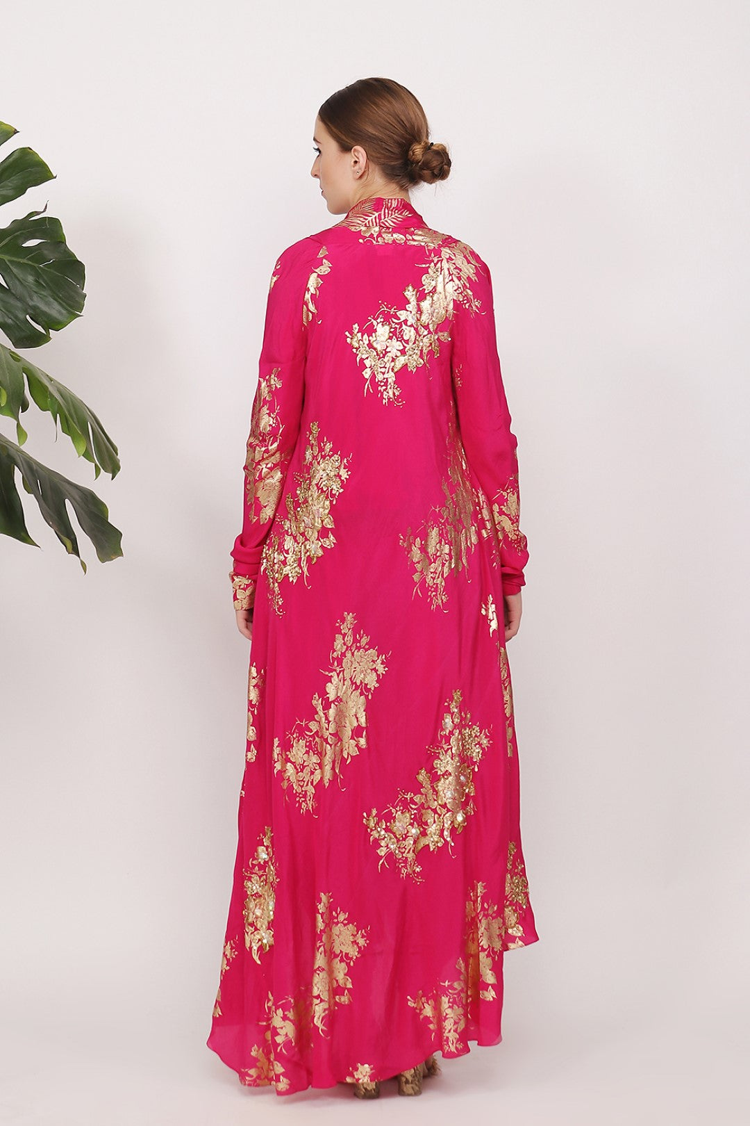 HAULTER TOP WITH PALM PRINTED AND EMBROIDERD JACKET WITH COWL DHOTI