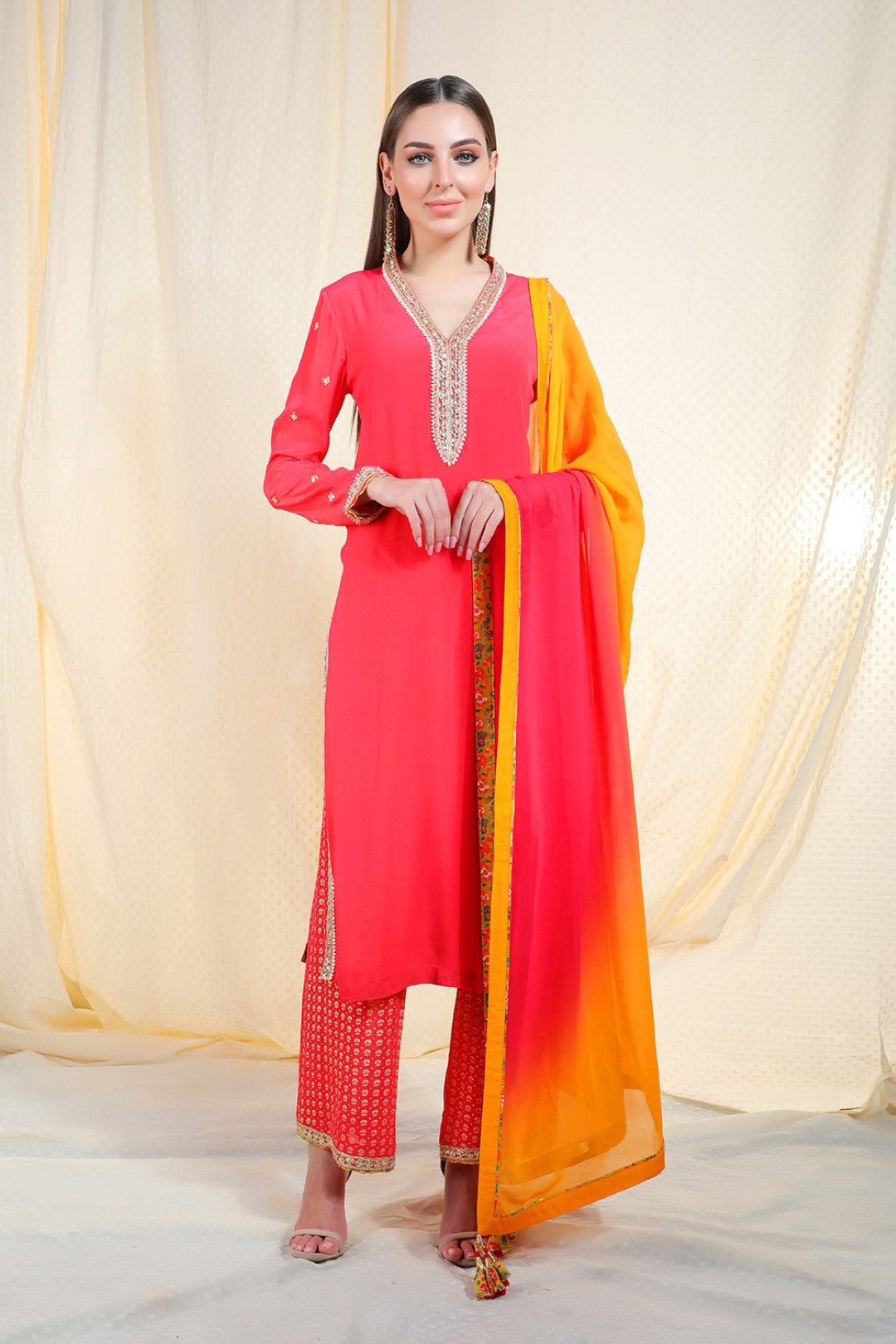 coral crepe kurta with chudidar and chiffon dupatta